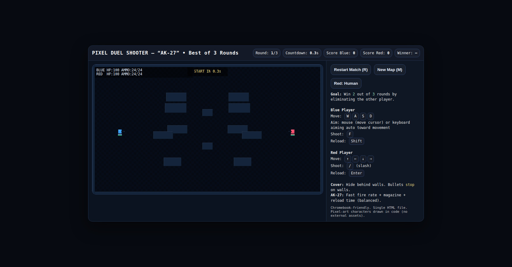 Pixel Duel: 2D Shooter, 3 Rounds, HTML5 Game