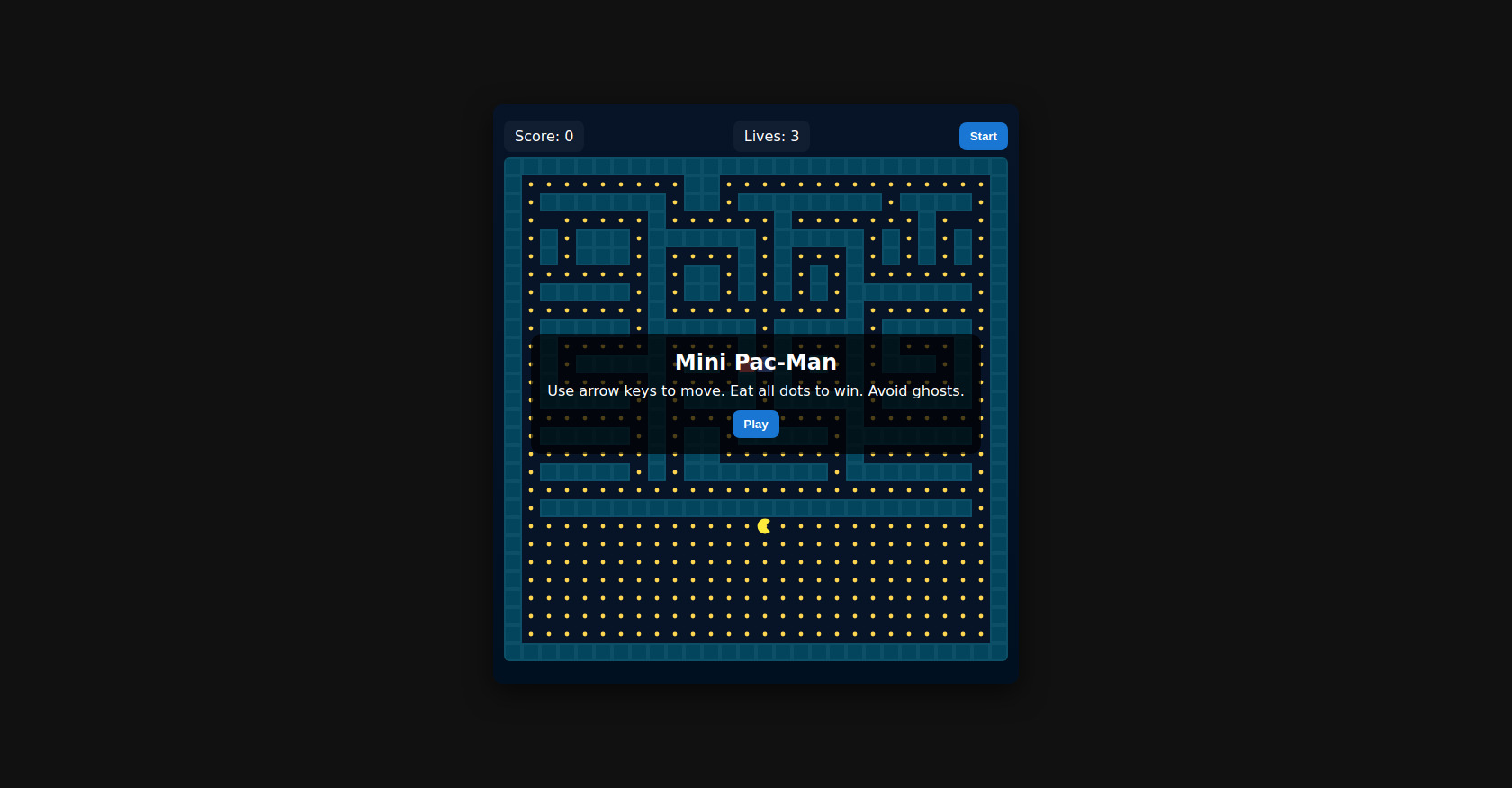 Mini Pac-Man Game HTML Canvas JavaScript