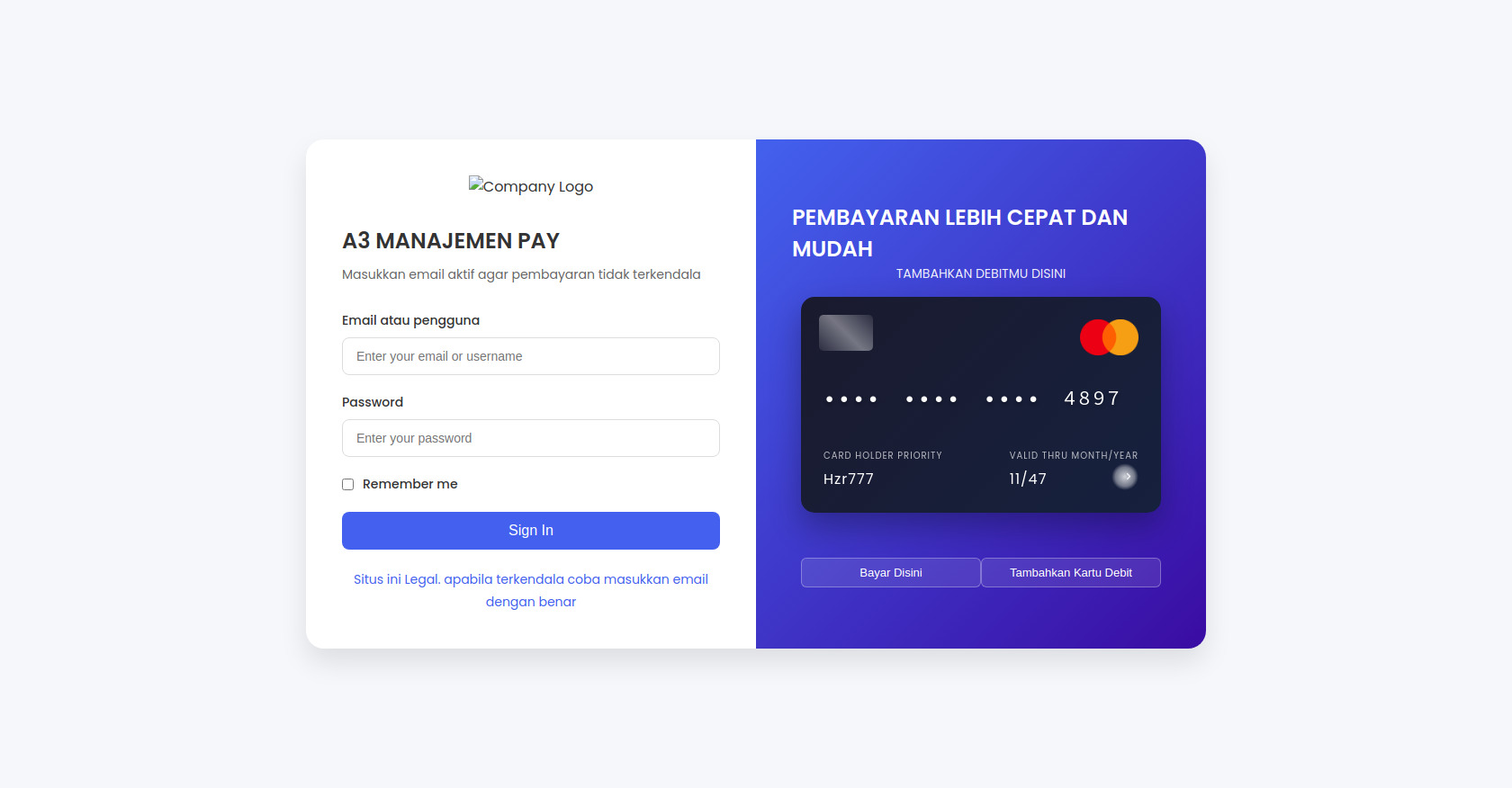 Login Form with Card Display & Payment UI