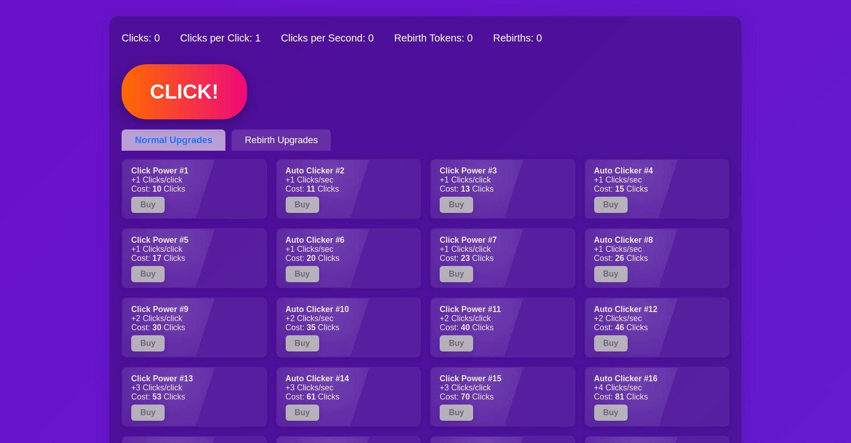 Clicker Game with Upgrades and Rebirth System