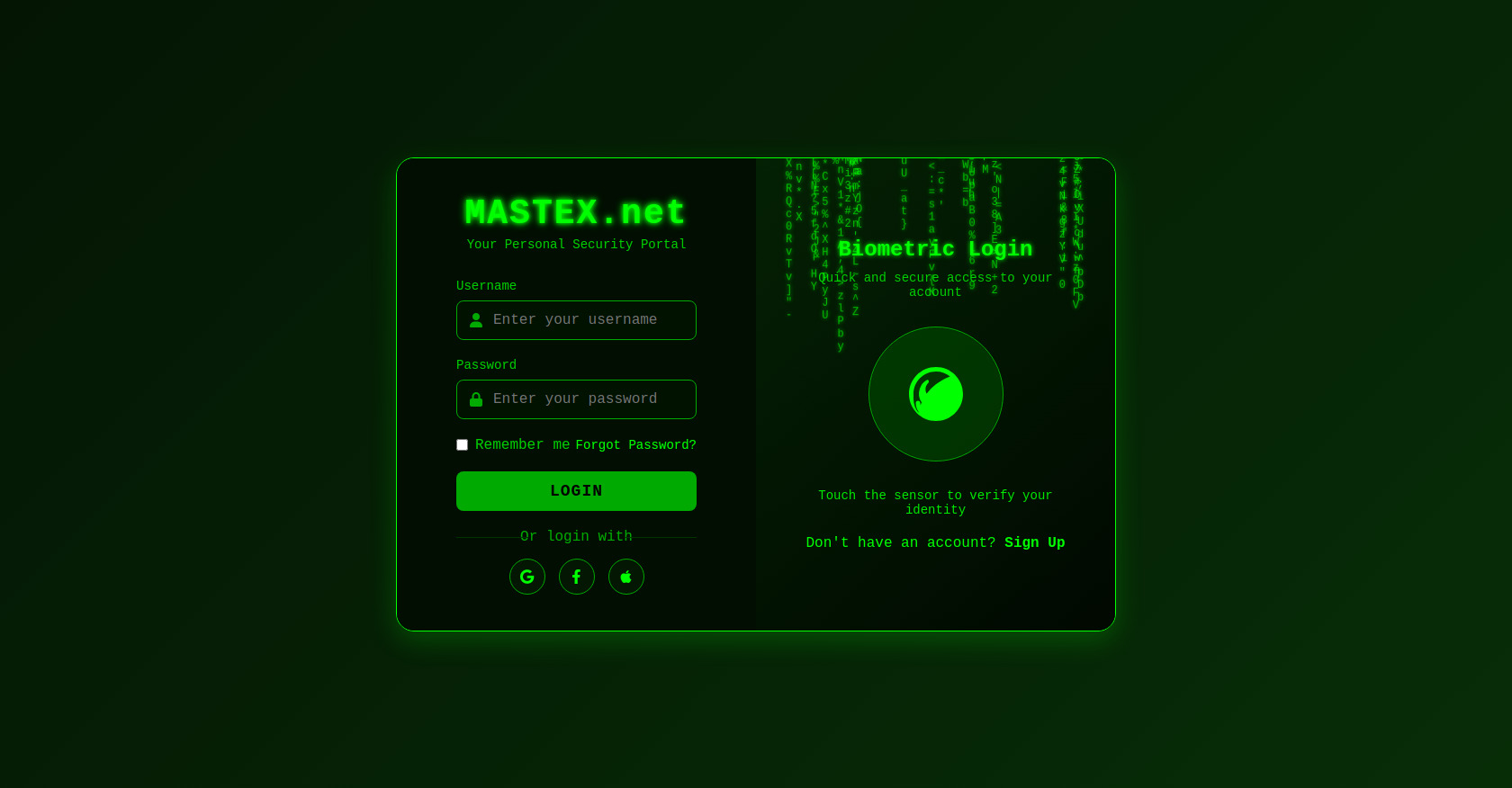 HTML Login Page: Matrix Theme with Fingerprint Auth