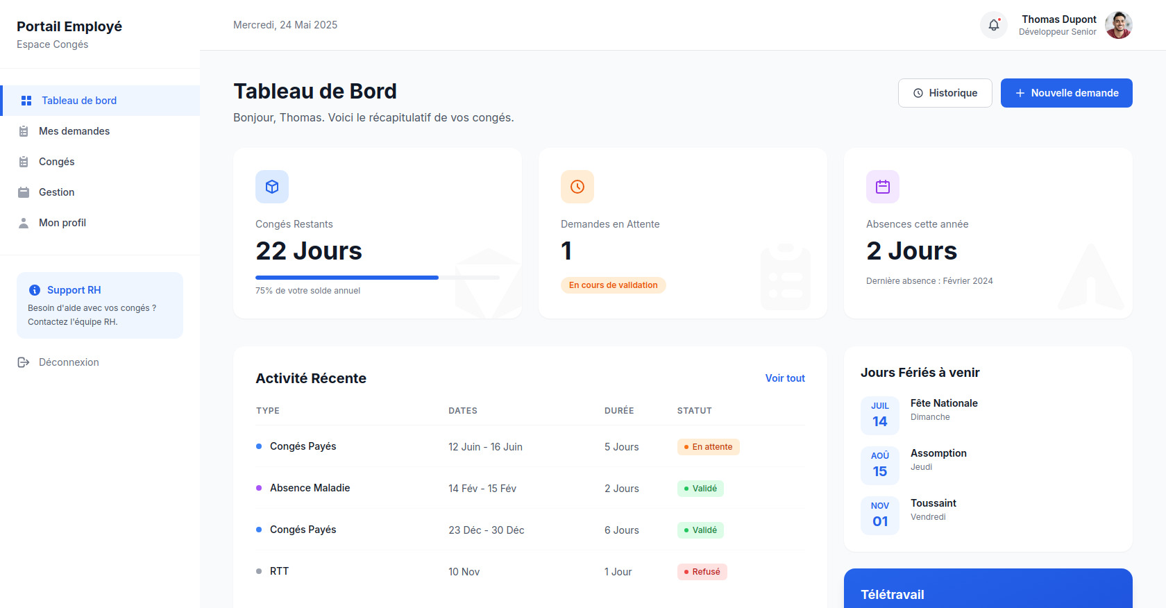 RH Portail Employé: Tableau de Bord Congés & Demandes