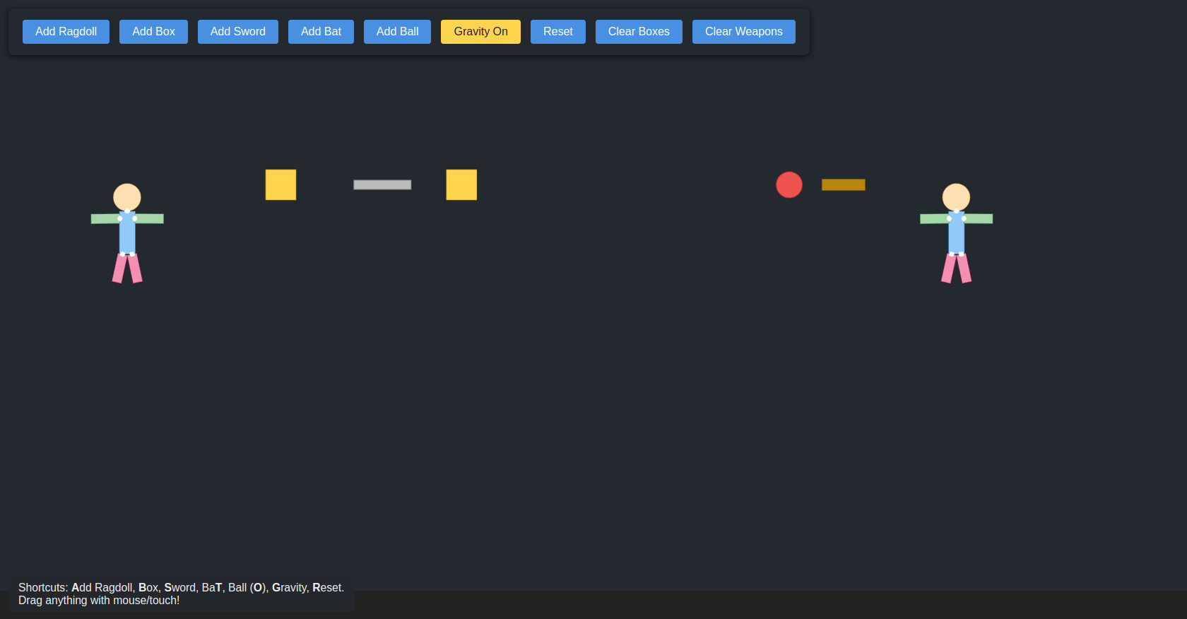 Matter.js Physics: Ragdoll, Box, Weapon Playground