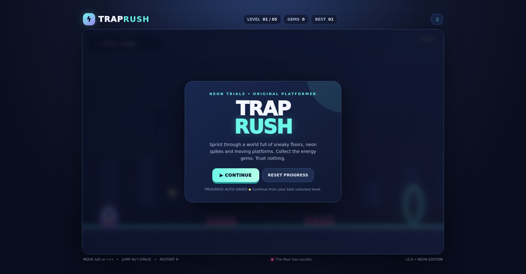Neon Trap Rush Platformer Game in HTML and JavaScript