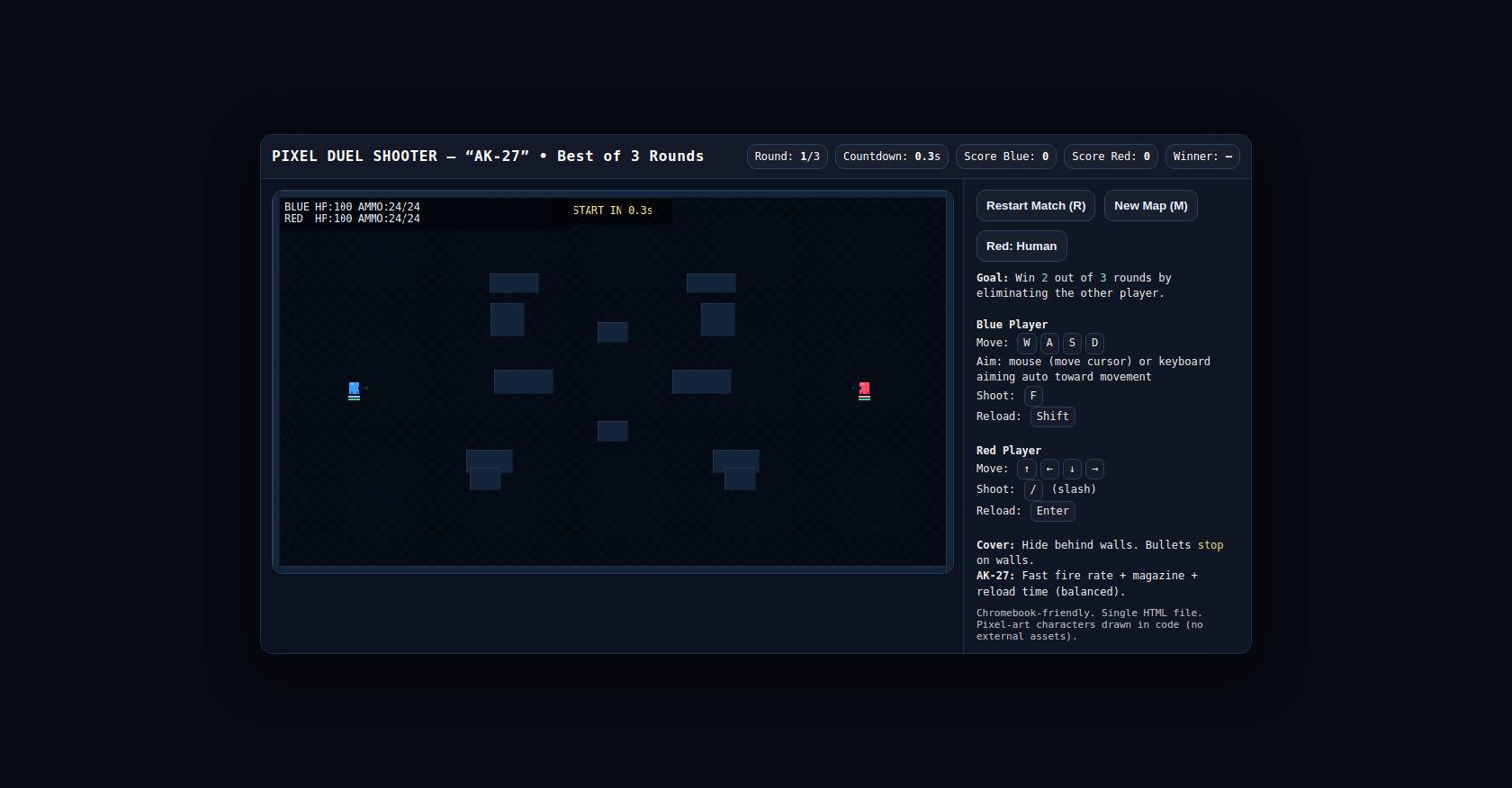 Pixel Duel: 2D Shooter, 3 Rounds, HTML5 Game