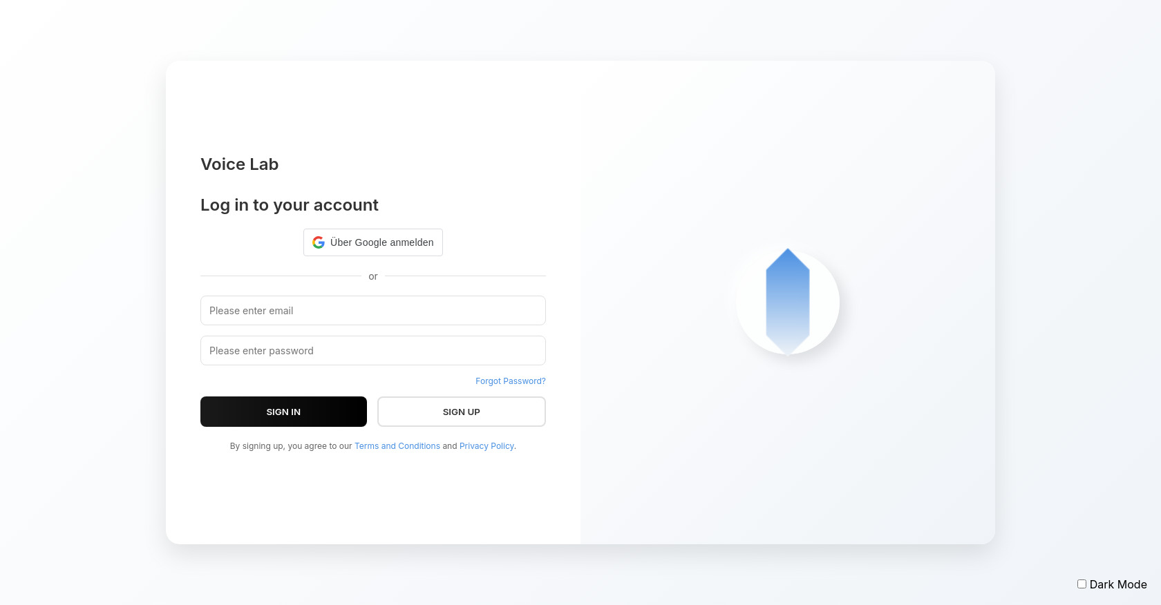 Voice Lab Login Page: Google Sign-in & Email Form