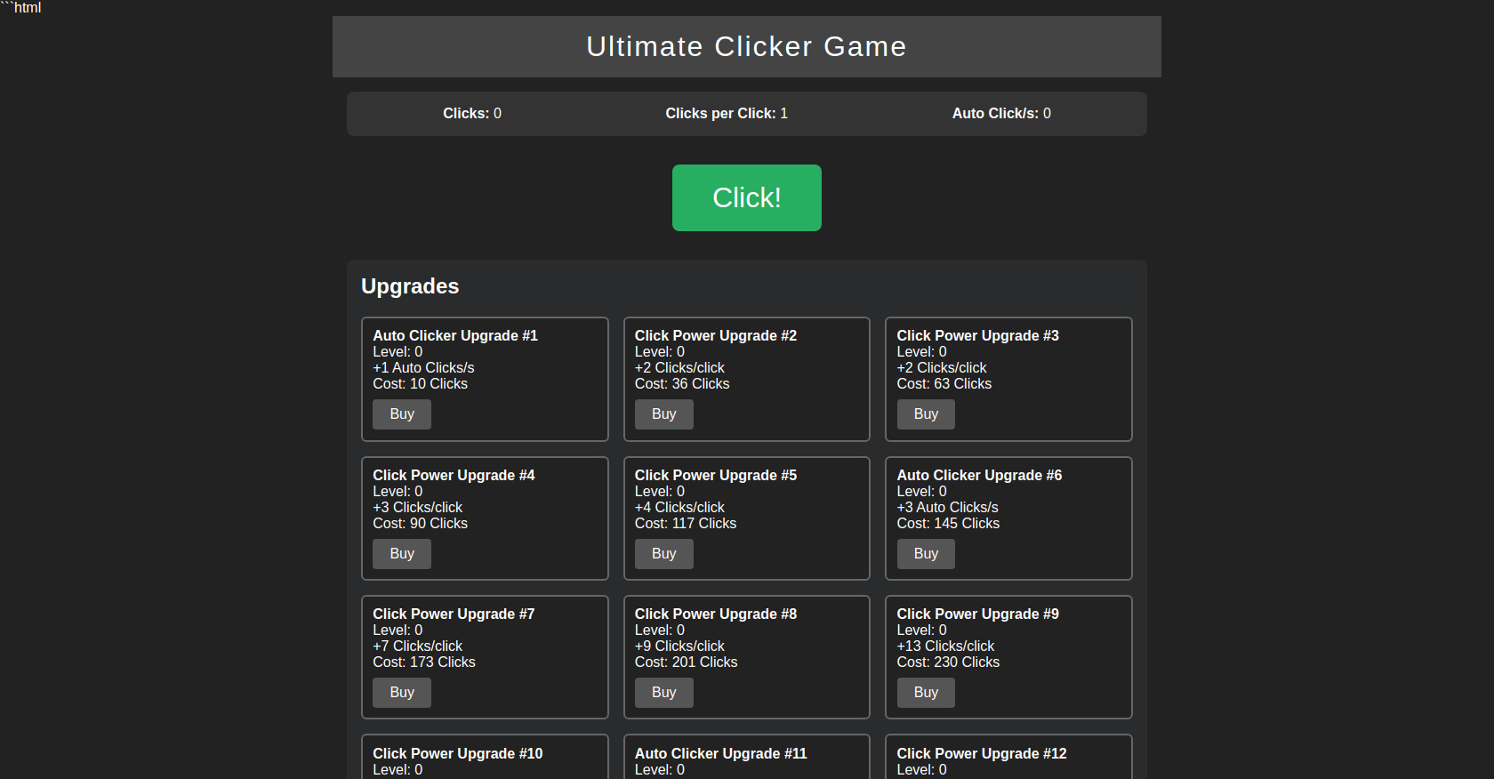 Clicker Game HTML with Rebirth, Upgrades, JavaScript