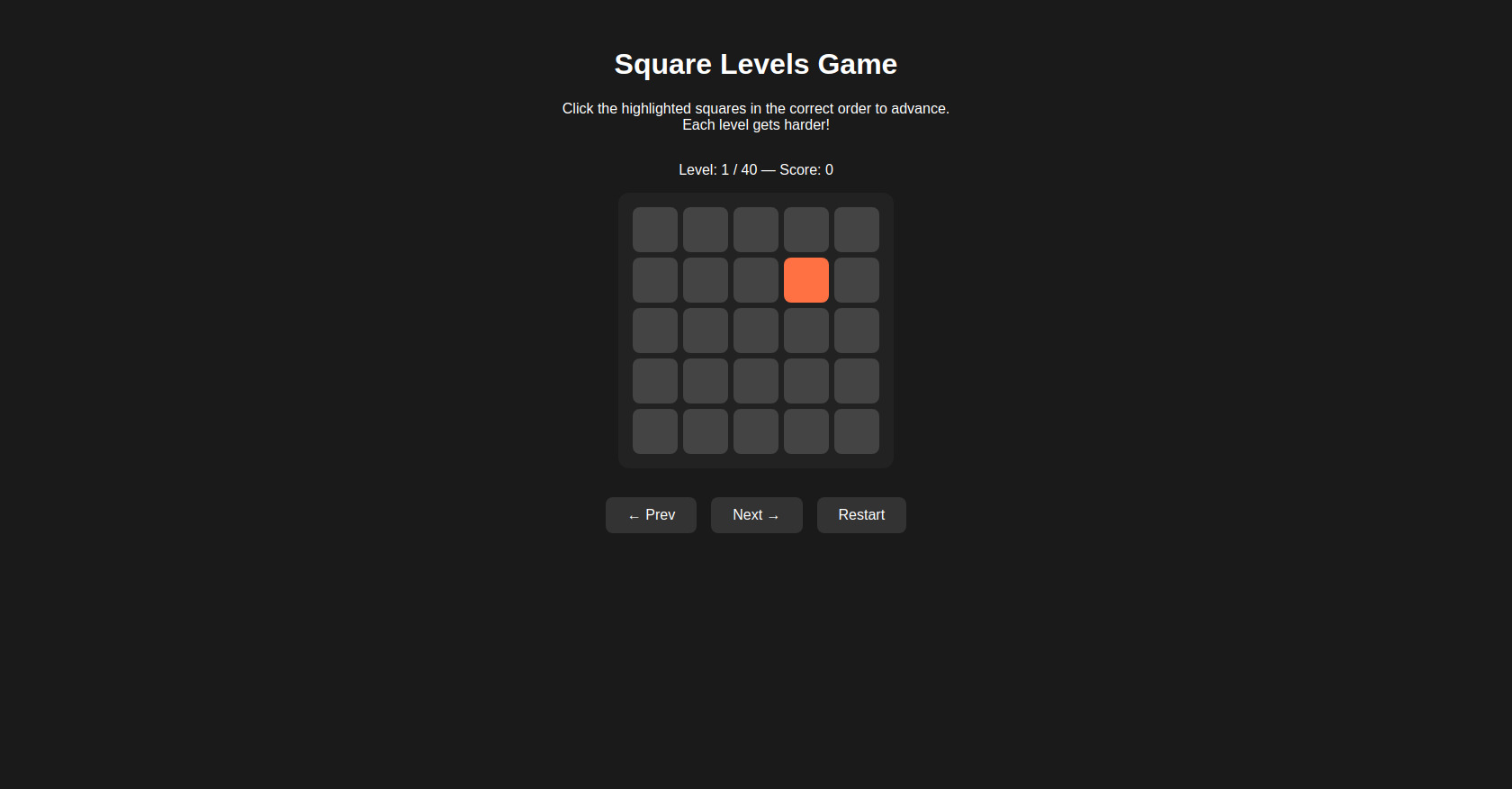 Square Levels Game: HTML, CSS, JavaScript