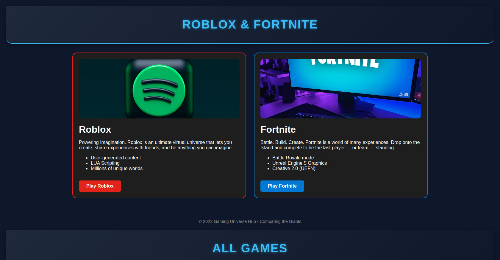Roblox vs Fortnite HTML Comparison Layout
