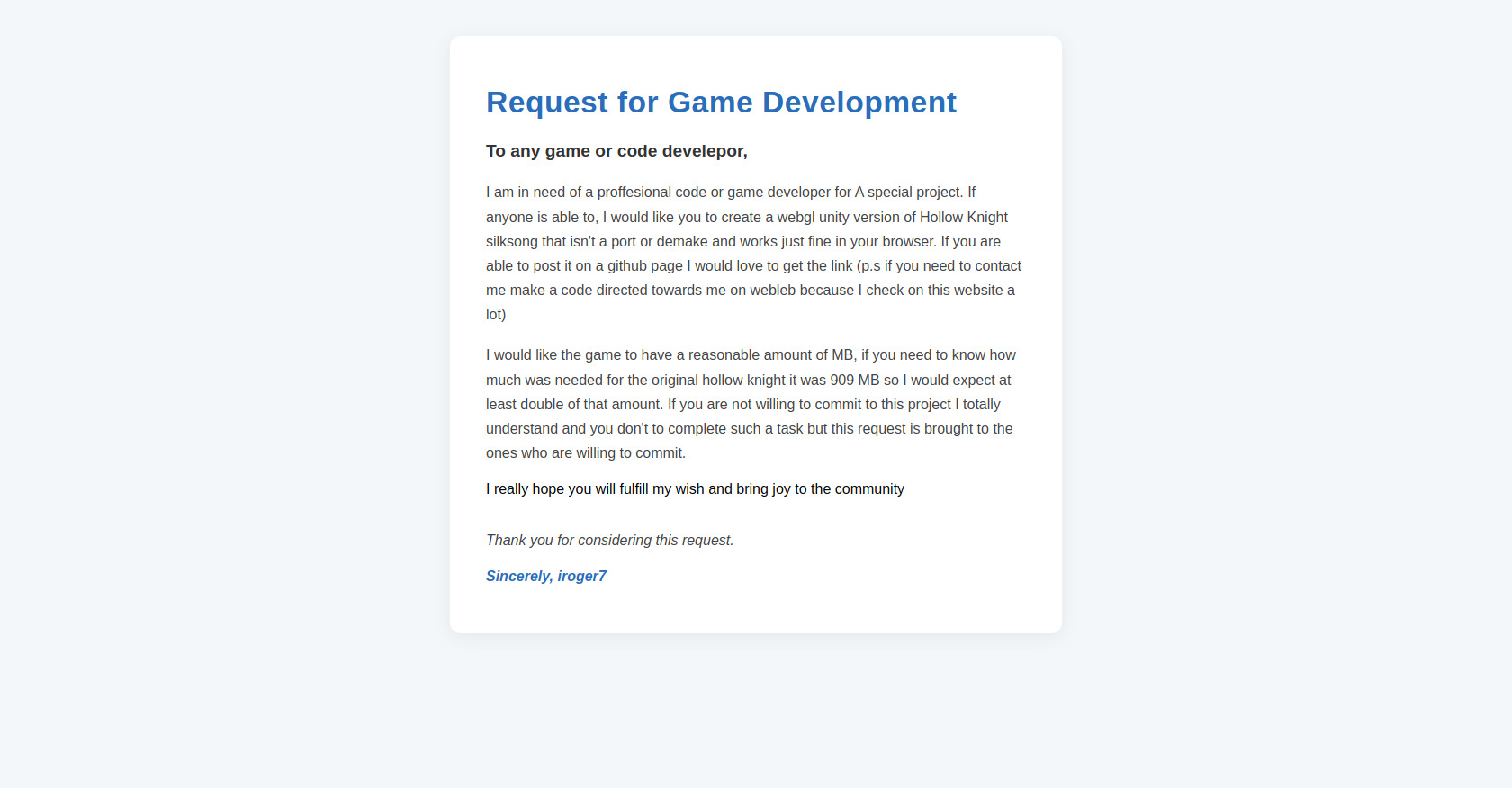 Richiesta dello sviluppatore del gioco: Hollow Knight Silksong WebGL