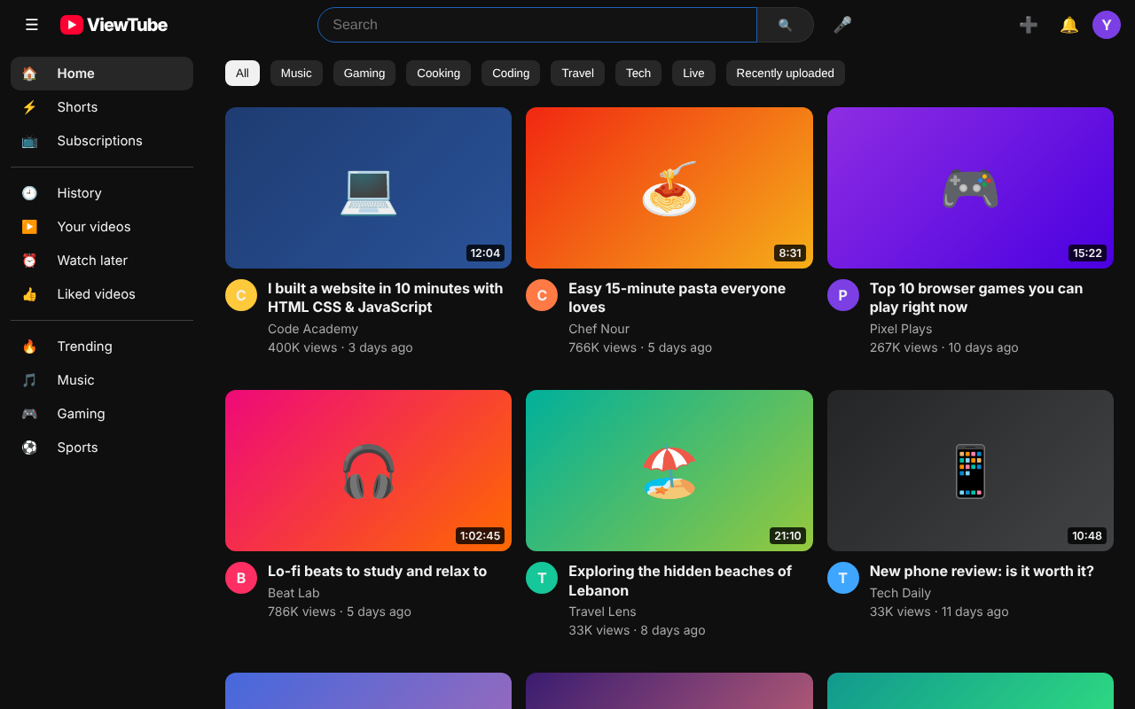 YouTube Clone – Video Website HTML CSS JavaScript